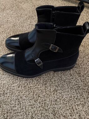 Black Mixed-Material Buckle Ankle Boots